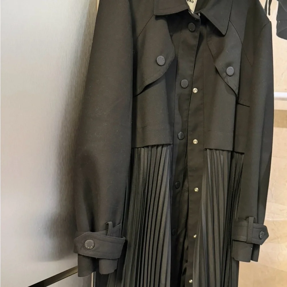 Sandro Black Pleated Trench Coat - Picture 1 of 10